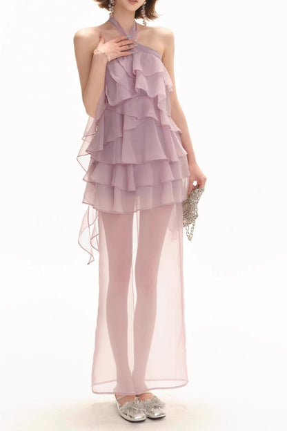 Backless Multi-layer Ruffle slit maxi dress in lilac