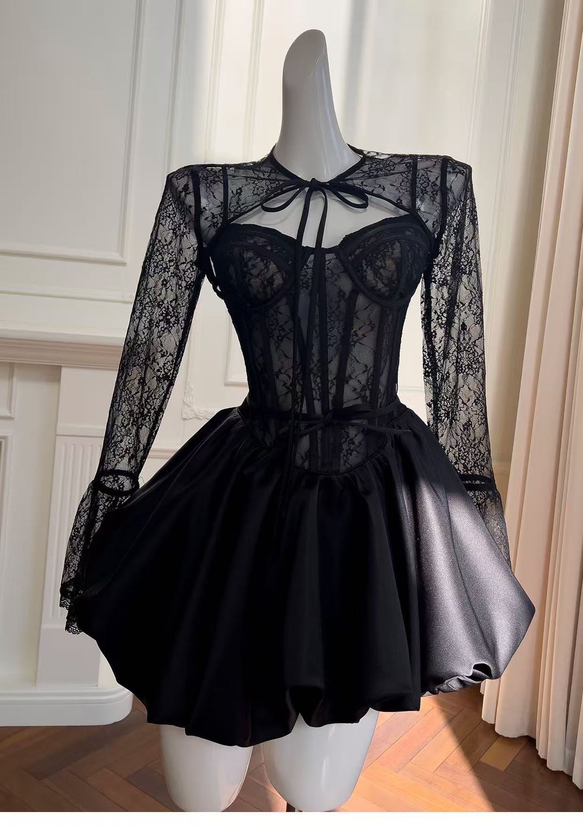 sally lace puffball mini dress in black