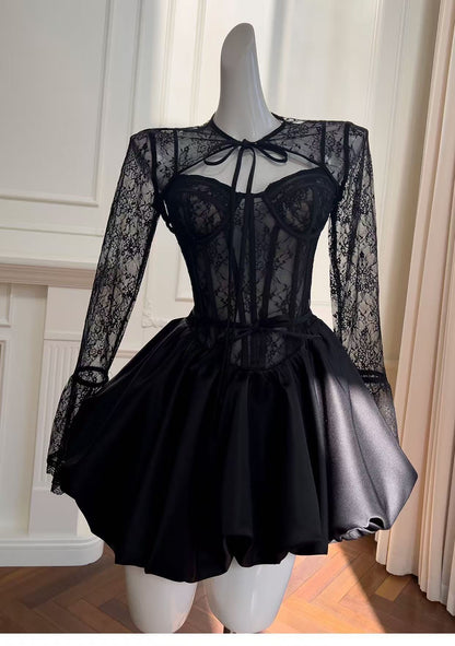 sally lace puffball mini dress in black