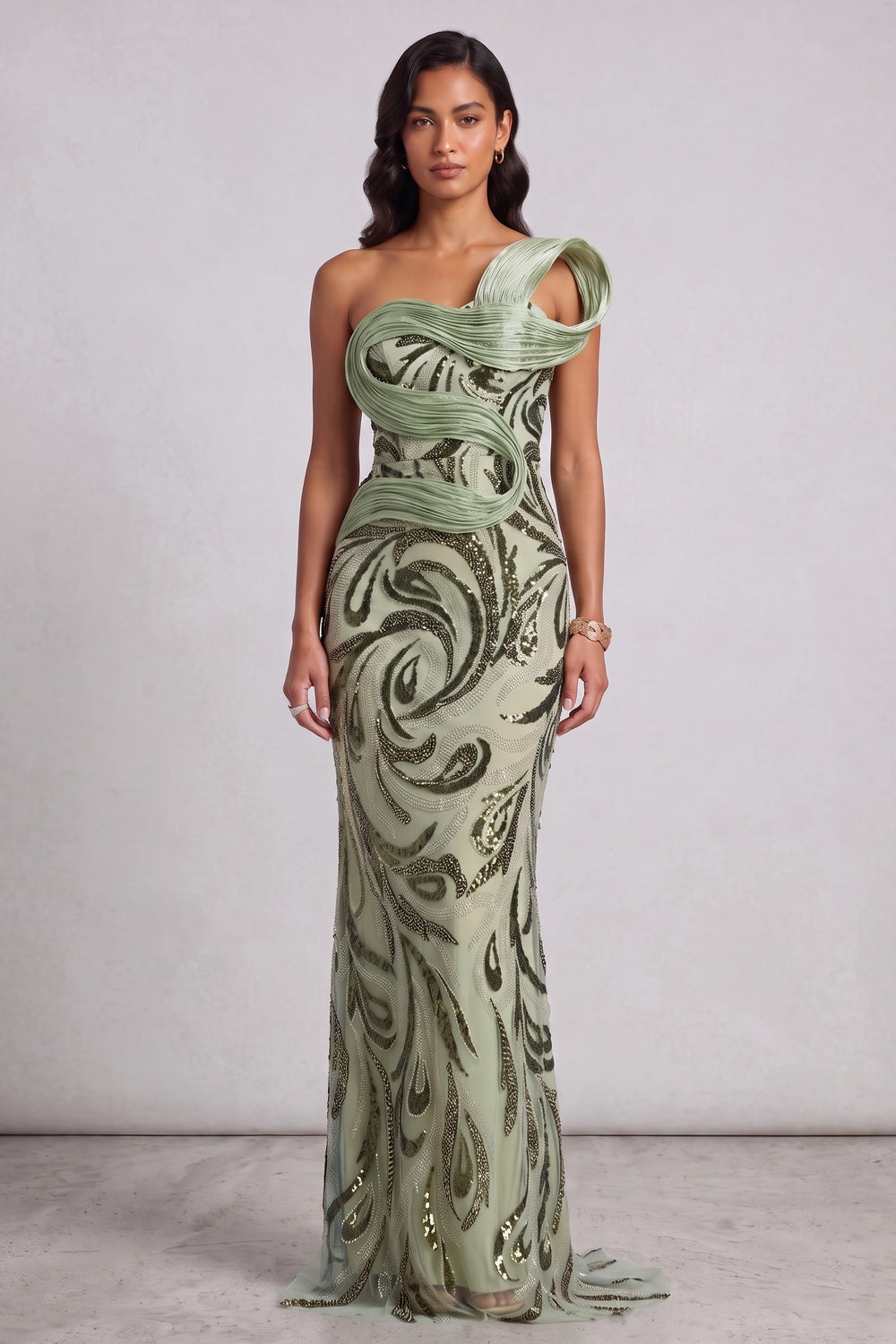 Sage Green One-Shoulder Sequin Embellished Floor-Length Gown Premium Fabric - product view 1