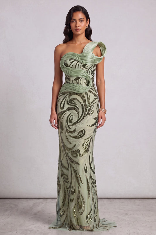Sage Green One-Shoulder Sequin Embellished Floor-Length Gown Premium Fabric - product view 1