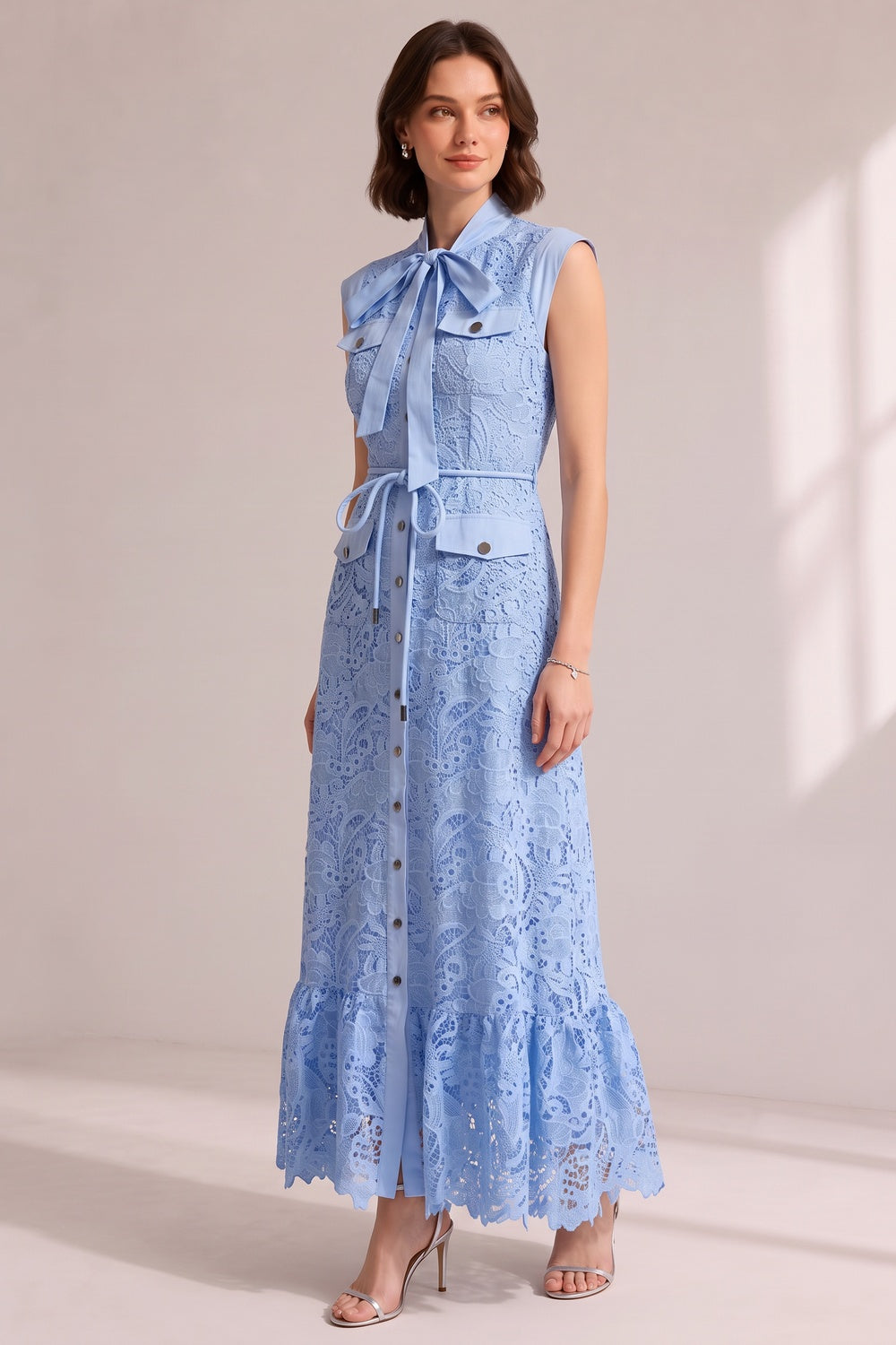 Sky Blue Sleeveless Tie Neck Cargo Pocket Floral Lace Midi Shirt Dress