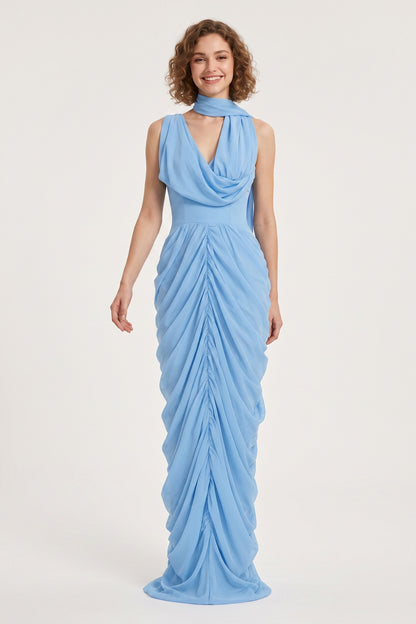 Light Blue Cowl Neckline Floor-Length Gown with Front Ruching Premium Fabric - product view 2