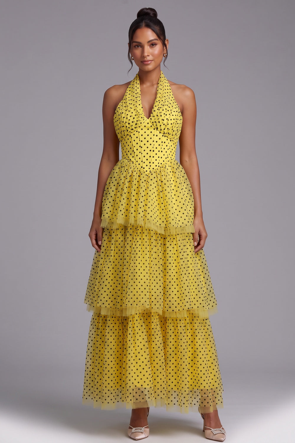 Yellow Polka Dot Tiered Halter Maxi Dress Premium Fabric - product view 1