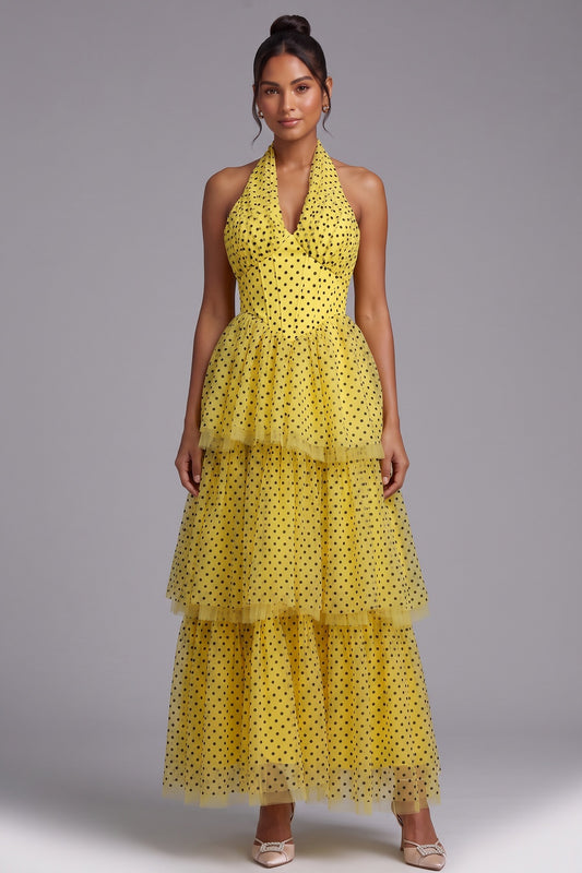 Yellow Polka Dot Tiered Halter Maxi Dress Premium Fabric - product view 1