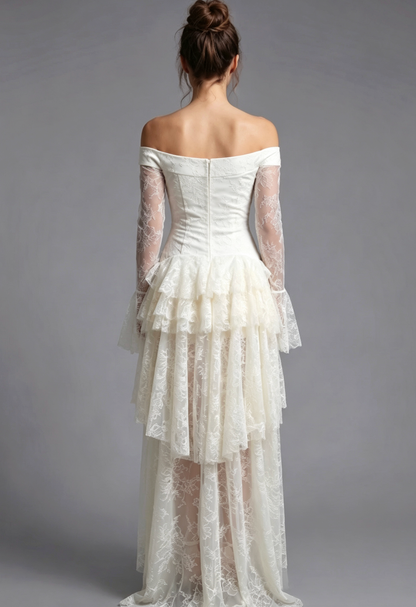 Ivory Floral Lace Off-Shoulder A-Line Maxi Dress with Tiered Ruffles