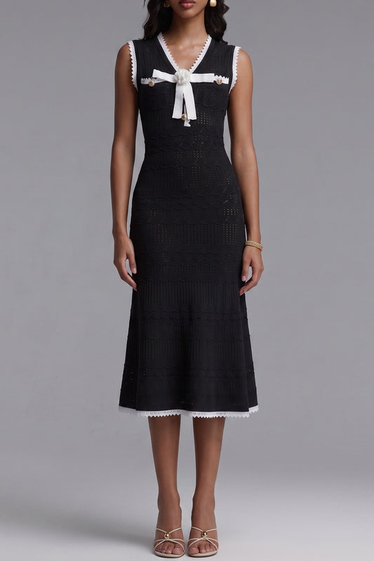 Sleeveless Hollow Knit Midi Dress with White Bow Lace Trim