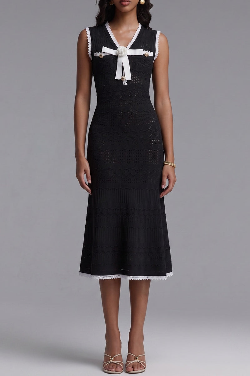 Sleeveless Hollow Knit Midi Dress with White Bow Lace Trim