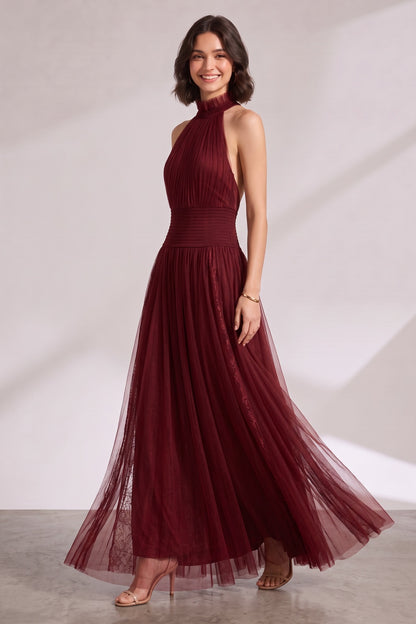 Burgundy Halter Neck Pleated Maxi Dress Premium Fabric - product view 2