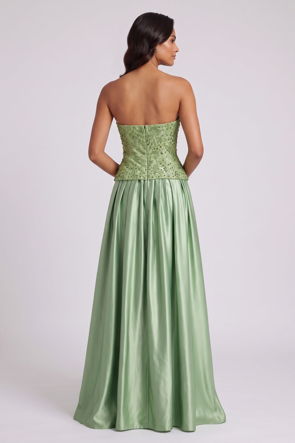 Sage Green Strapless Floor-Length Gown with Embellished Bodice Premium Fabric - product view 2