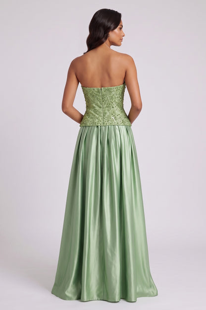 Sage Green Strapless Floor-Length Gown with Embellished Bodice Premium Fabric - product view 2