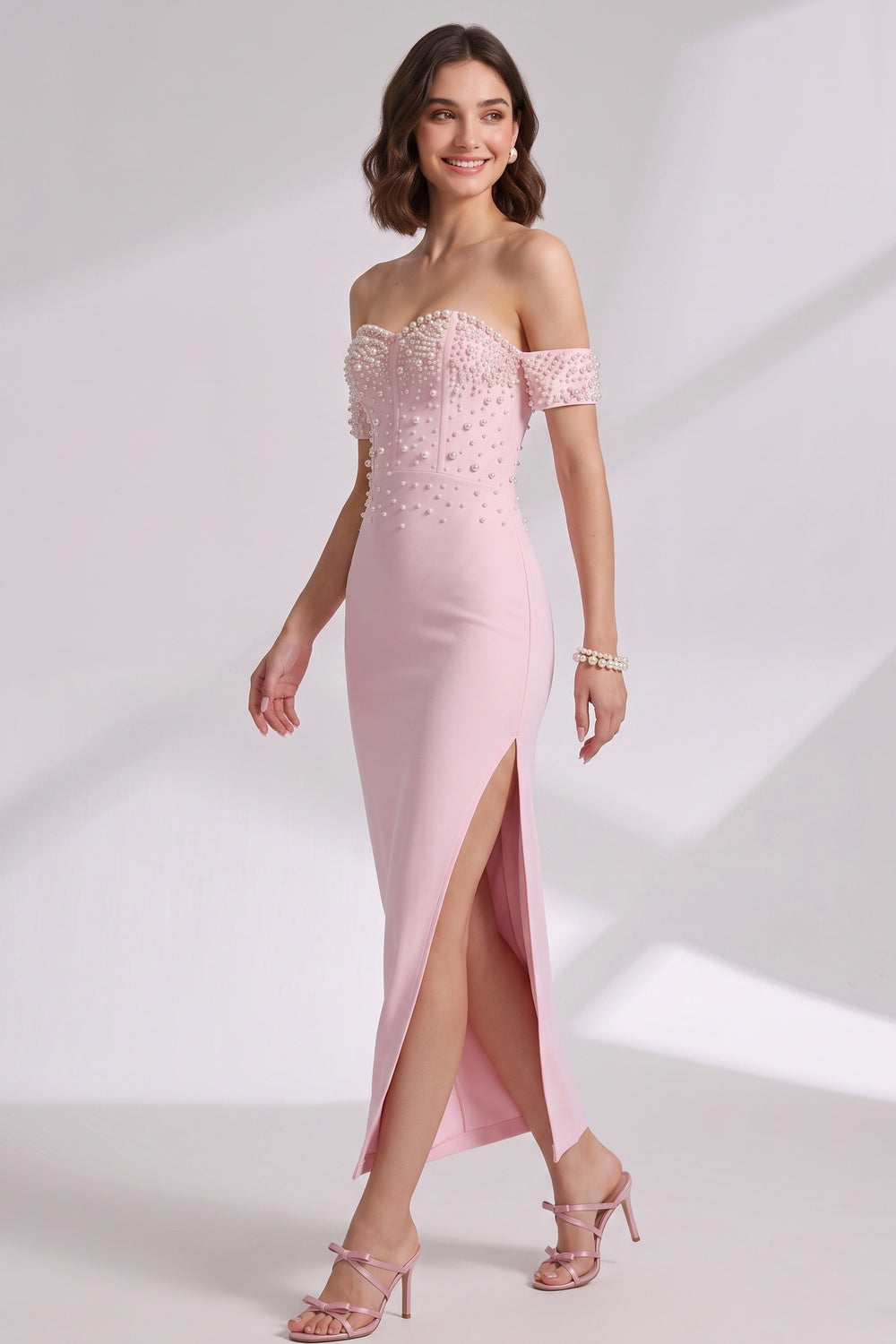 Light Pink Structured Crepe Sheath Dress with Pearl Embellishment light pink structured crepe dress - product view 3
