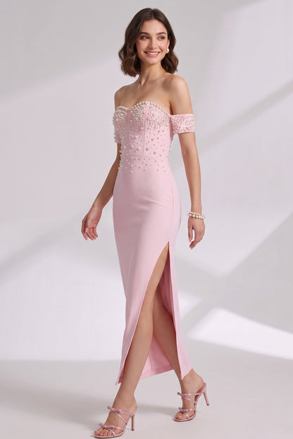 Light Pink Structured Crepe Sheath Dress with Pearl Embellishment light pink structured crepe dress - product view 3