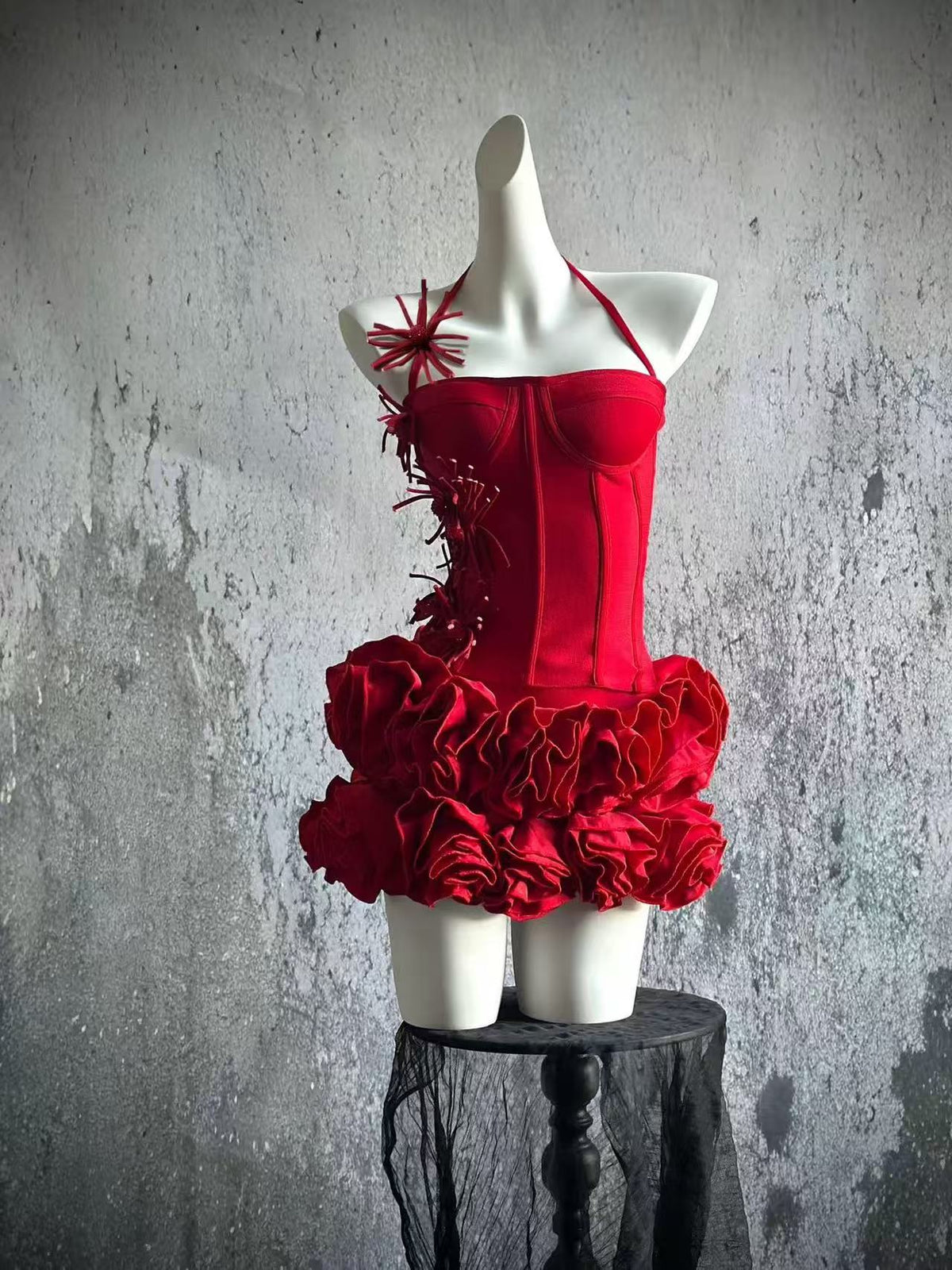 corset floral mini skirt suit in red