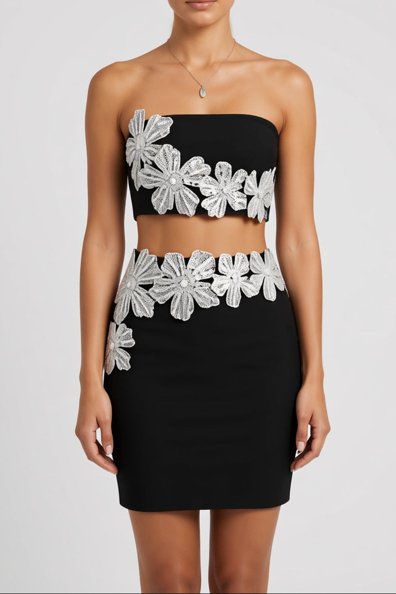 black black stretch fabric strapless tube top, fitted pencil skirt two-piece ensemble black black stretch fabric two-piece ensemble - product view 2