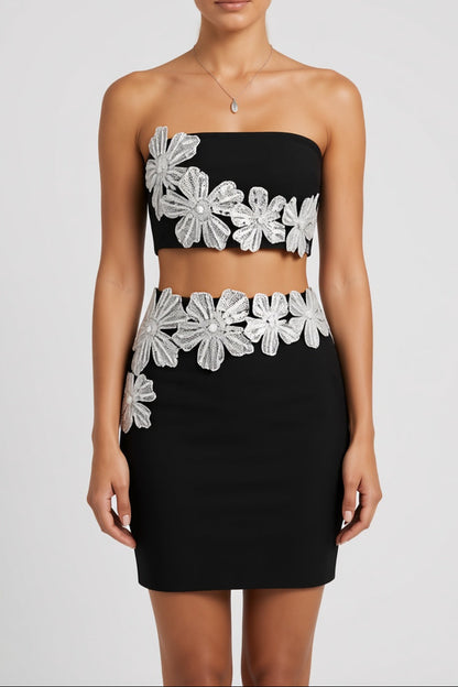 black black stretch fabric strapless tube top, fitted pencil skirt two-piece ensemble black black stretch fabric two-piece ensemble - product view 2