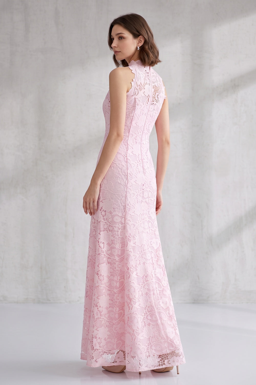 Blush Pink Floral Lace Floor-Length Dress Premium Fabric - product view 2