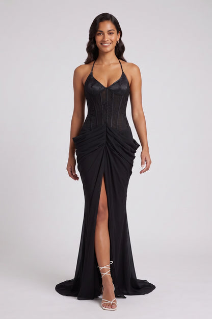 Black Chiffon Mermaid Evening Gown with Draped Hip Swags and Train black chiffon evening gown - product view 1
