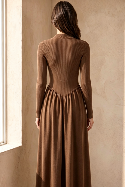 Brown Ribbed Knit Fit-and-Flare Midi Dress
