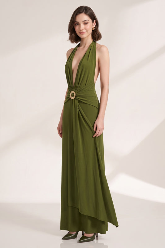Olive Green Fluid Jersey Column Dress olive green fluid jersey dress - product view 1