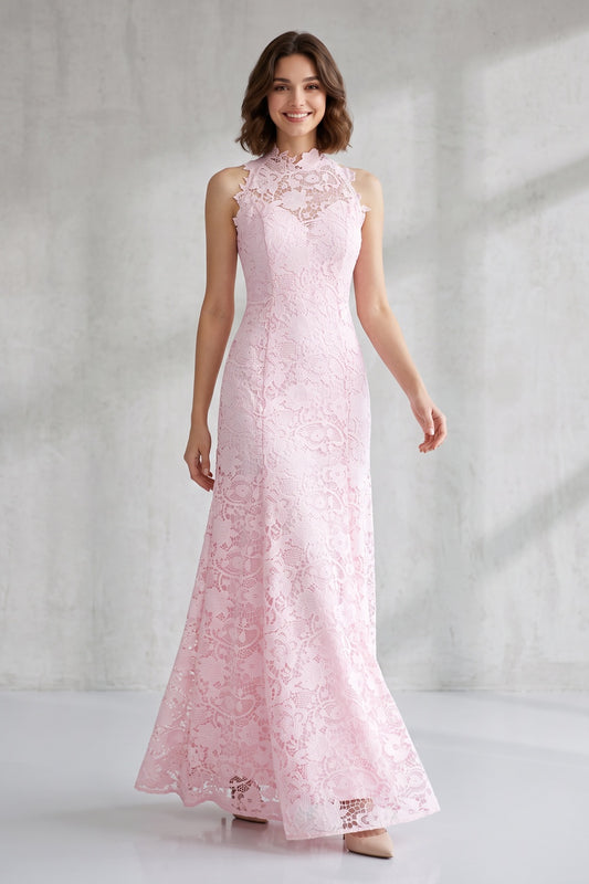 Blush Pink Floral Lace Floor-Length Dress Premium Fabric - product view 3