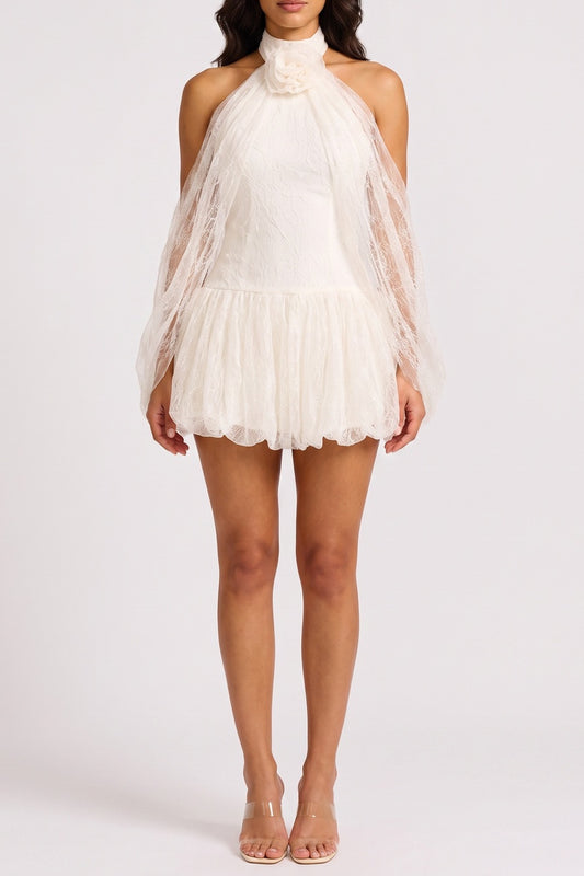 Halter 3D Floral Sheer Lace Bell Sleeve Mini Dress