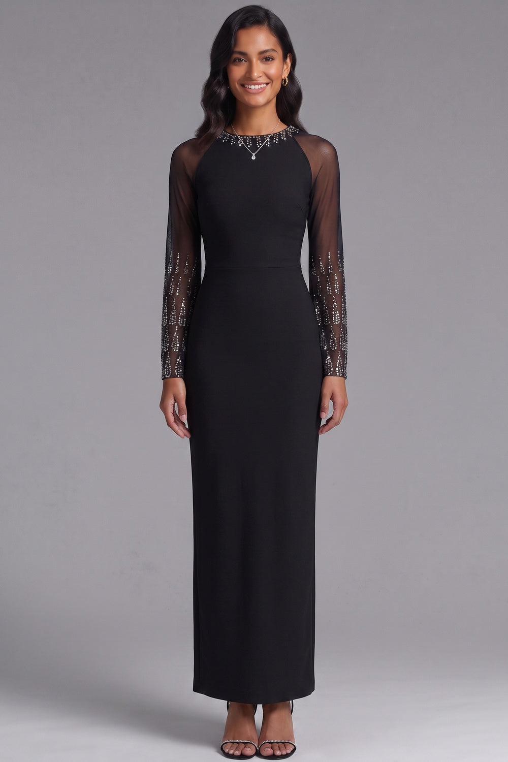 Black Heavy Stretch Crepe Sheath Maxi Dress with Sheer Embellished Sleeves black heavy stretch crepe dress - product view 4