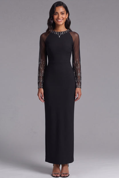 Black Heavy Stretch Crepe Sheath Maxi Dress with Sheer Embellished Sleeves black heavy stretch crepe dress - product view 4