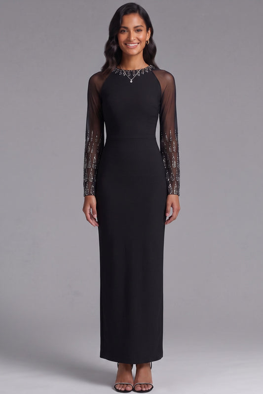Black Heavy Stretch Crepe Sheath Maxi Dress with Sheer Embellished Sleeves black heavy stretch crepe dress - product view 4