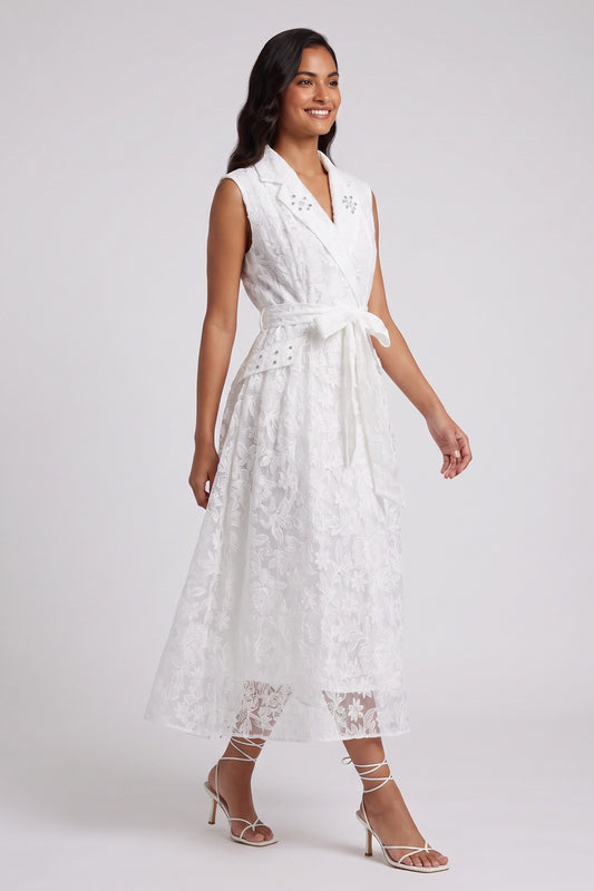 White Floral Lace A-Line Midi Dress white floral lace dress - product view 1