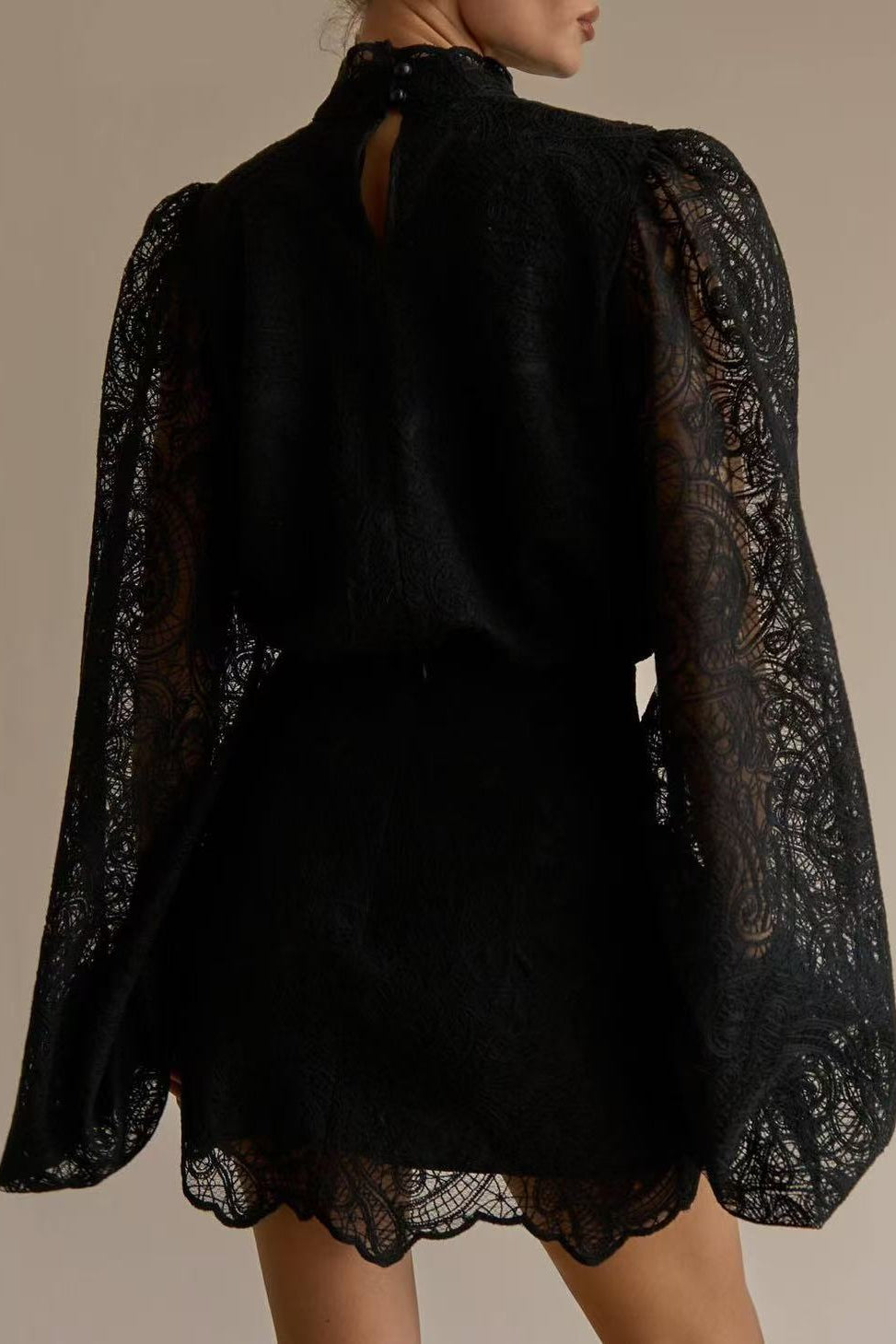 Black Lace Ruffle Neck Puff Sleeve Top & A-Line Skirt Two-Piece Set