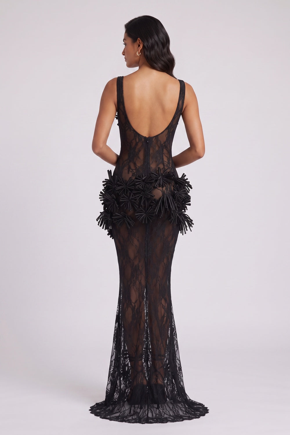 Black Lace Maxi Dress with 3D Floral Appliqués Premium Fabric - product view 3
