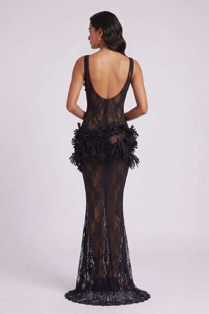 Black Lace Maxi Dress with 3D Floral Appliqués Premium Fabric - product view 3
