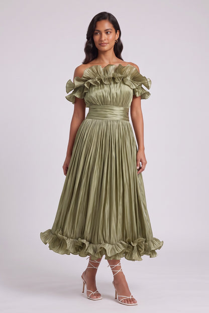 olive green pleated satin or taffeta fit-and-flare, off-the-shoulder midi dress olive green pleated satin or taffeta midi dress - product view 2