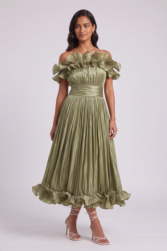 olive green pleated satin or taffeta fit-and-flare, off-the-shoulder midi dress olive green pleated satin or taffeta midi dress - product view 2