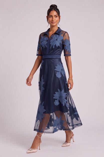 Navy Blue Sheer Organza A-Line Midi Dress with Floral Embroidery navy blue sheer organza mesh dress - product view 4