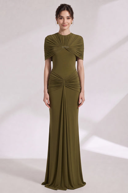 Olive Green Stretch Jersey Column Gown with Ruched Detail olive green stretch jersey gown - product view 1