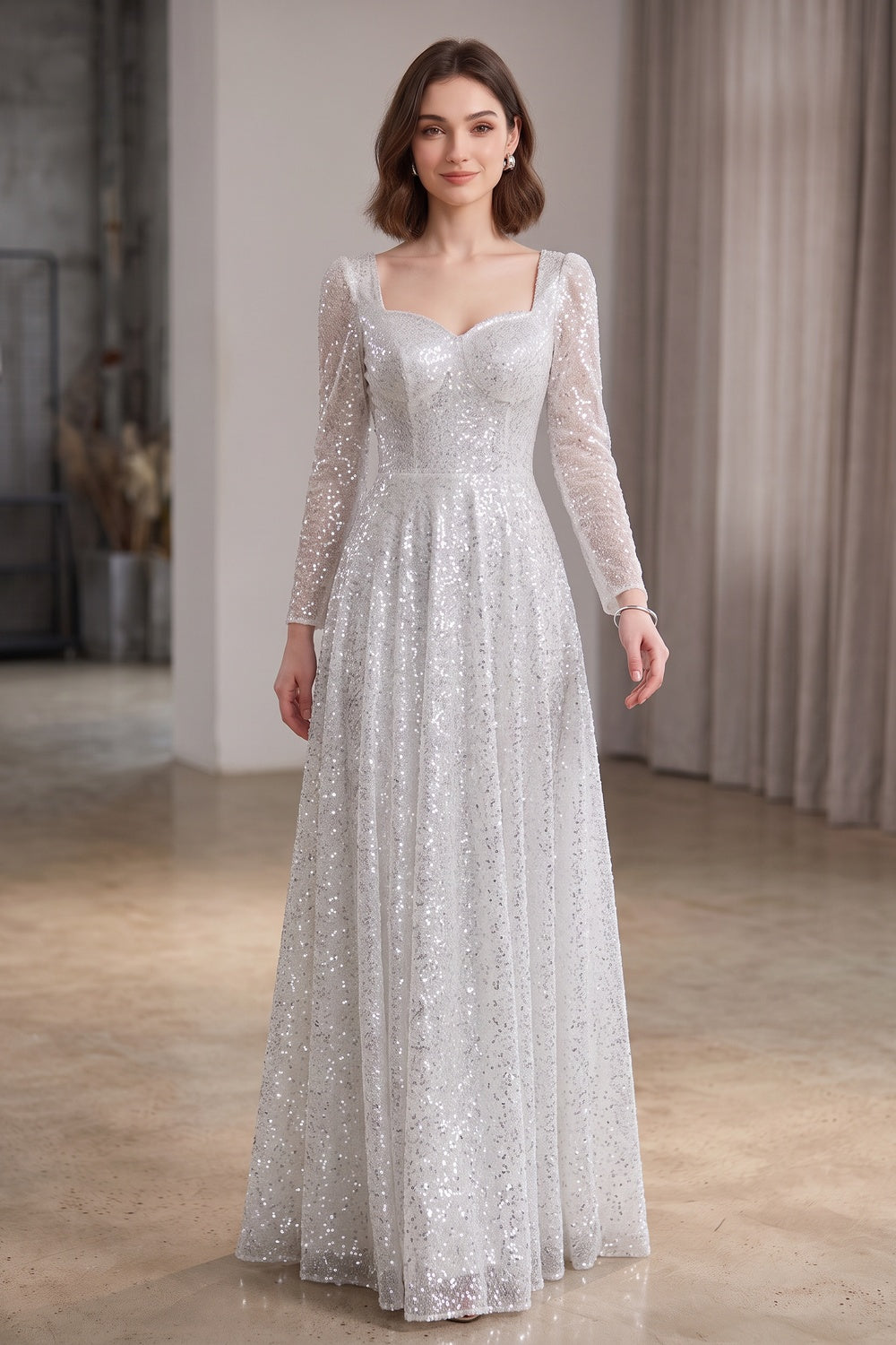 Silver Sequined Tulle Overlay A-Line Evening Gown silver, white sequined tulle overlay evening gown - product view 4