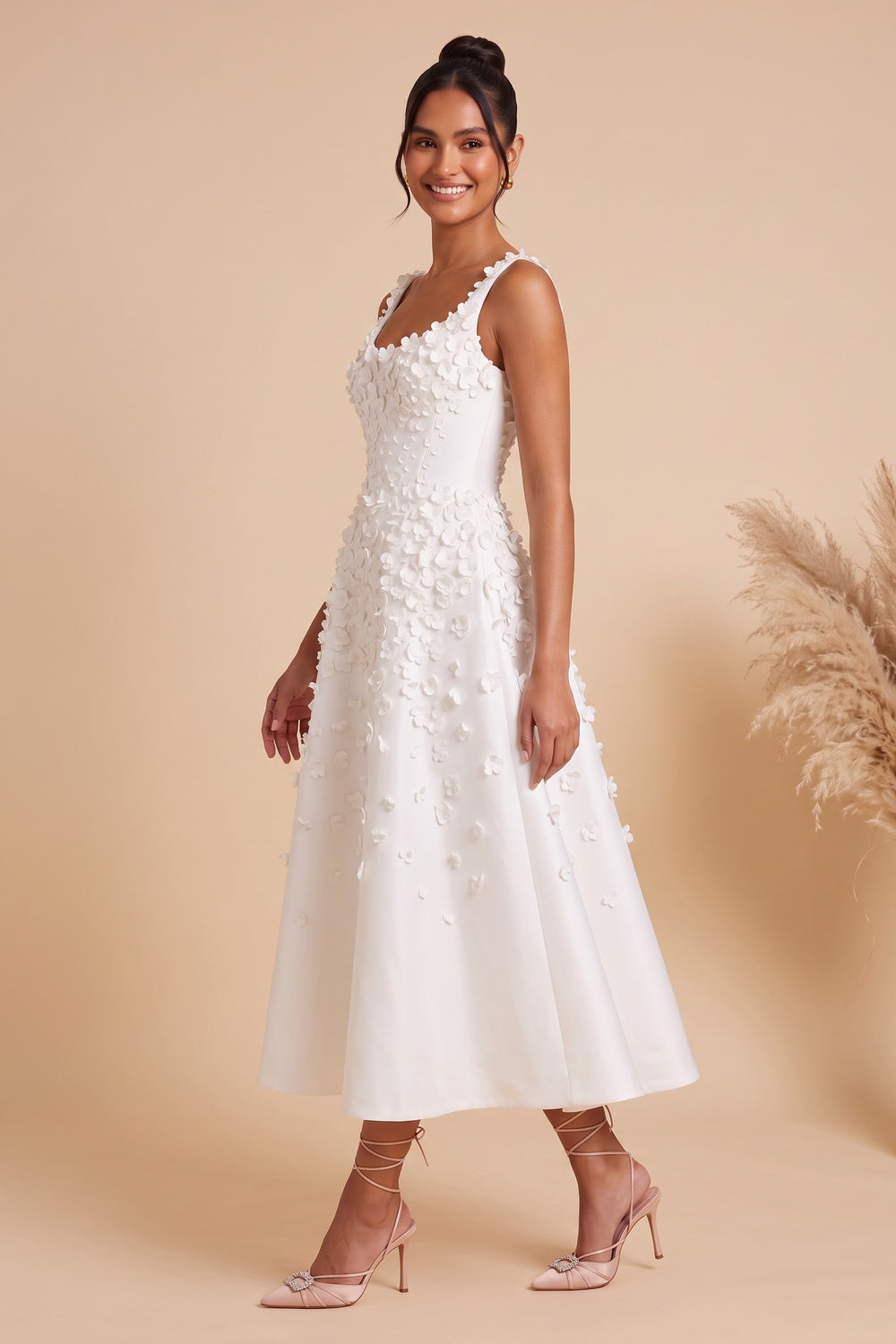 White Satin A-Line Midi Dress with 3D Floral Appliqués white satin dress - product view 3