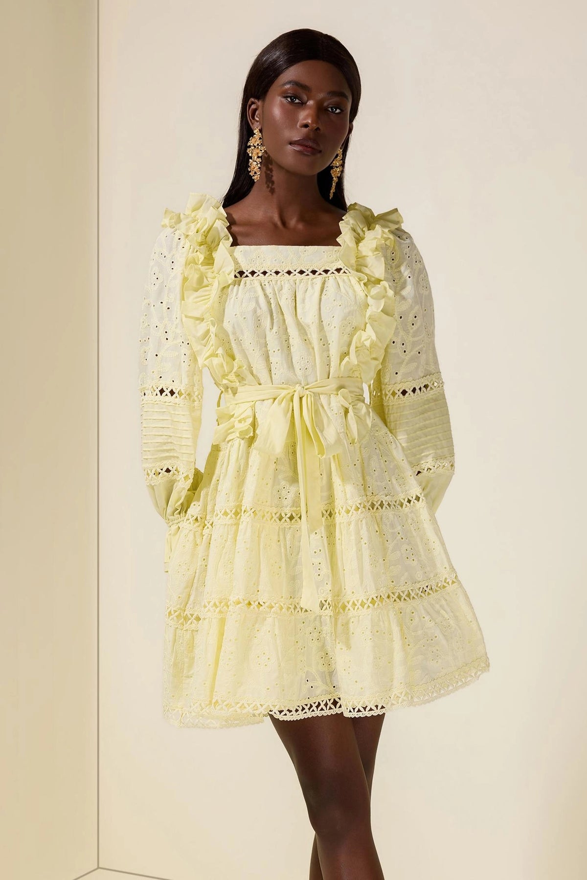 victoria Embroidered hollow Ruffle Mini Dress - yellow