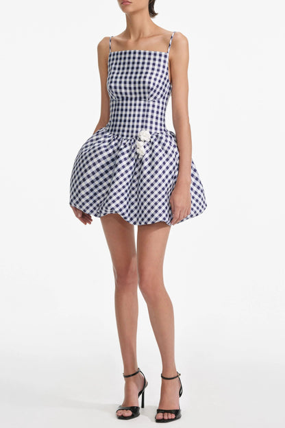 Navy Gingham Taffeta Mini Dress