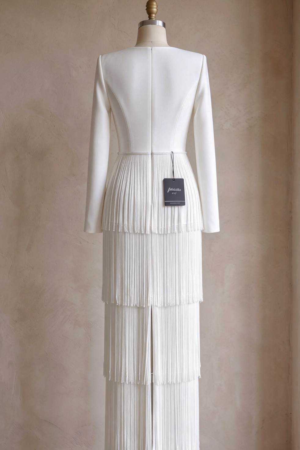 White Structured Crepe Column Gown with Tiered Fringe