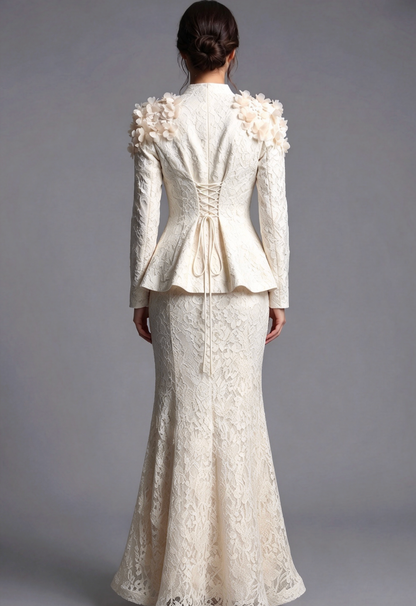 Ivory Corded Floral Lace Two-Piece Skirt Suit