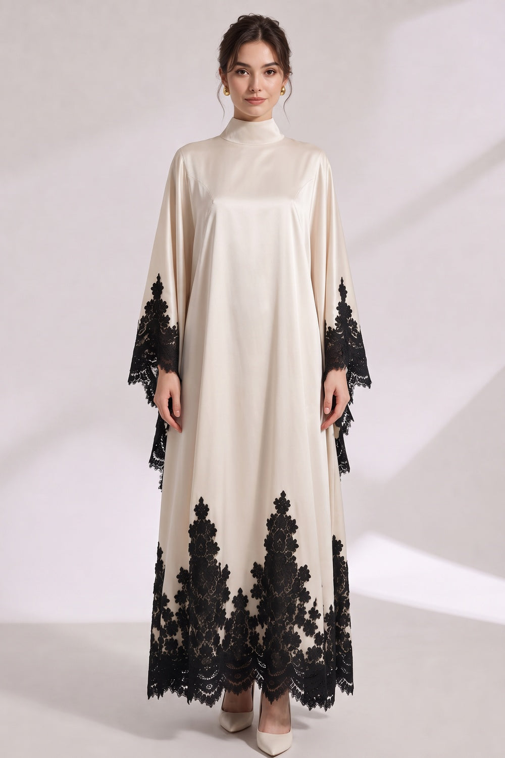 Cream Satin Oversized Flowing A-Line Kaftan Gown cream satin kaftan gown - product view 1