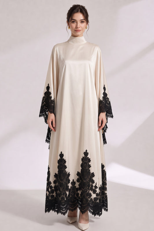 Cream Satin Oversized Flowing A-Line Kaftan Gown cream satin kaftan gown - product view 1