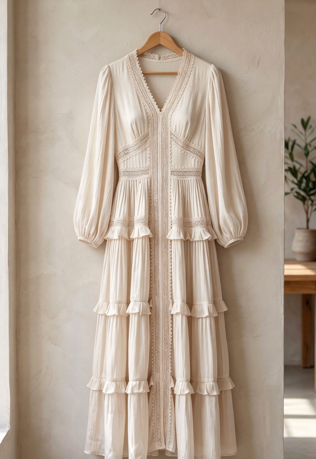 Cream Crinkled Satin Tiered A-Line Maxi Dress
