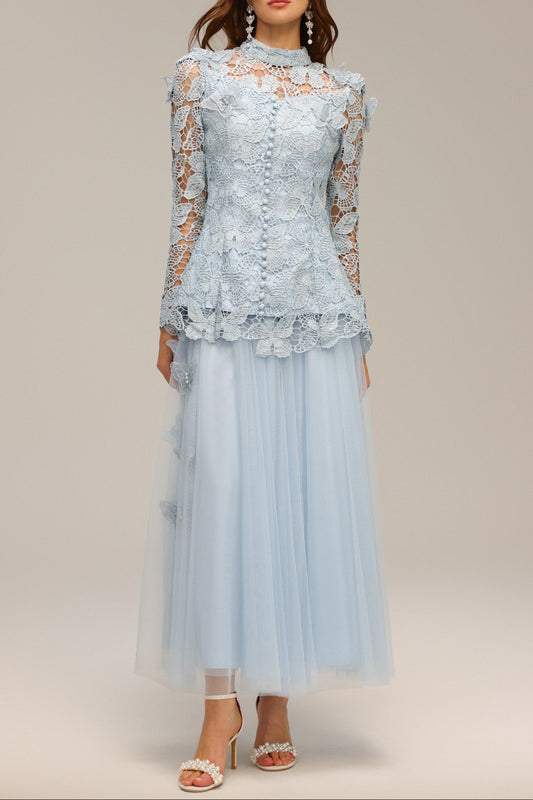 yvette blue Long Sleeve Folds Lace Butterfly Top And Skirt Two-Piece Set