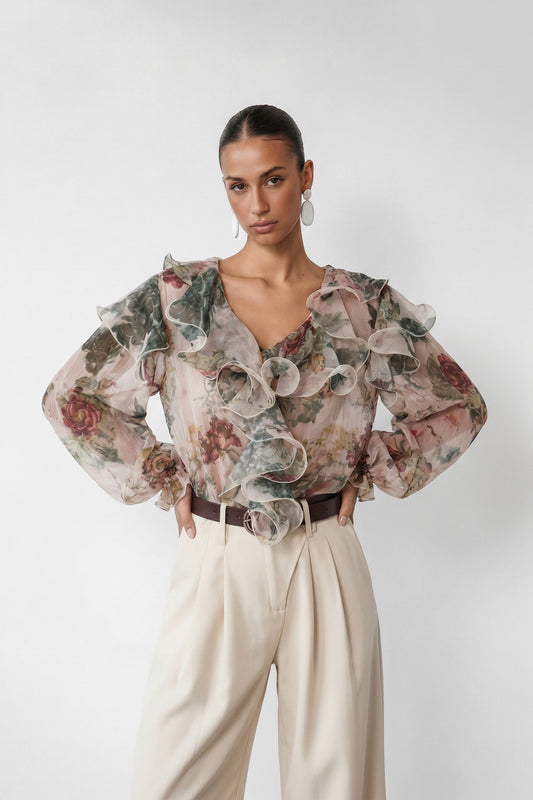 Vintage Rose Print Multi-Layer Ruffle V-Neck Sheer Crinkle Chiffon Long Sleeve Blouse