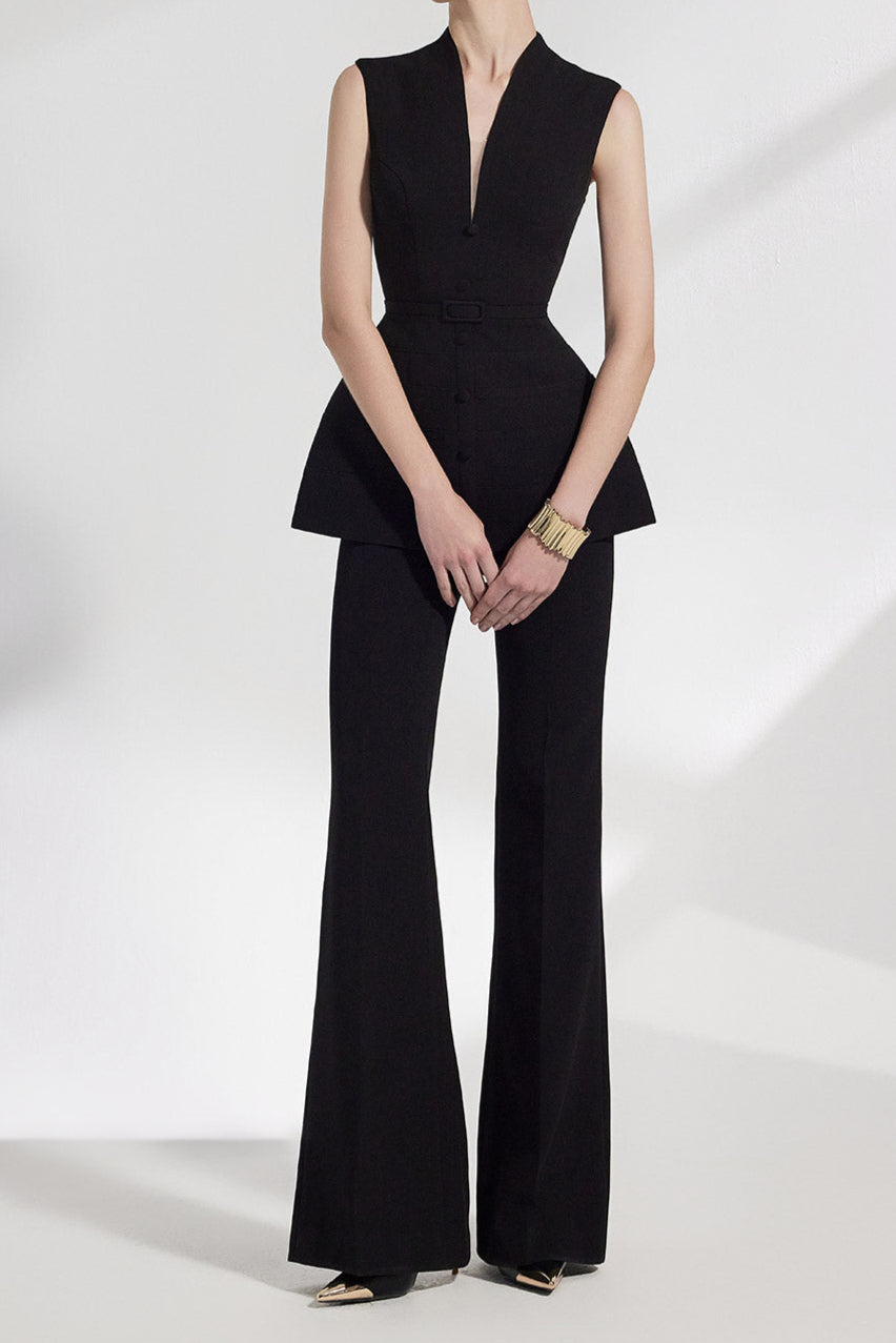 Sleeveless vest flared wide-leg pants set in black
