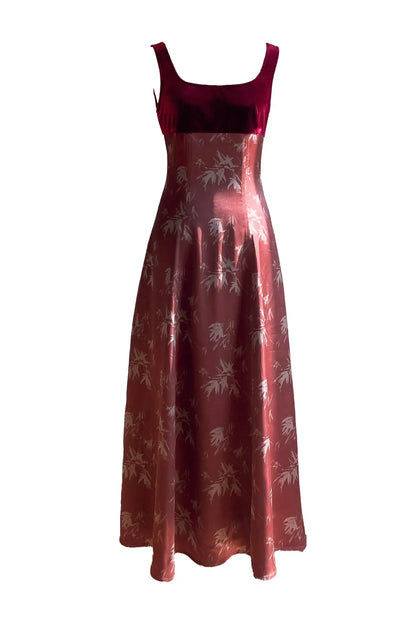 lucy Retro square neck print suspender midi dress - Burgundy
